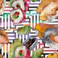 Watercolor sushi set of beautiful tasty japanese sushi illustration. Aquarelle seamless background pattern. Royalty Free Stock Photo