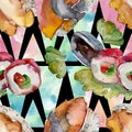 Watercolor sushi set of beautiful tasty japanese sushi illustration. Aquarelle seamless background pattern. Royalty Free Stock Photo