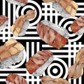 Watercolor sushi set of beautiful tasty japanese sushi illustration. Aquarelle seamless background pattern. Royalty Free Stock Photo