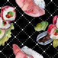 Watercolor sushi set of beautiful tasty japanese sushi illustration. Aquarelle seamless background pattern. Royalty Free Stock Photo