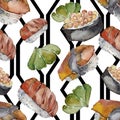 Watercolor sushi set of beautiful tasty japanese sushi illustration. Aquarelle seamless background pattern. Royalty Free Stock Photo