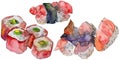 Watercolor sushi set of beautiful tasty japanese sushi illustration. Hand drawn objects isolated on white background. Royalty Free Stock Photo