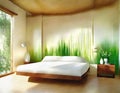 Watercolor of Sustainable bedroom design with wall and Beautifully rendered in