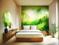 Watercolor of Sustainable bedroom design with wall and Beautifully rendered in