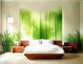 Watercolor of Sustainable bedroom design with wall and Beautifully rendered in