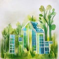 Watercolor of Sustainable green eco friendly building