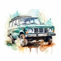 Watercolor Suv Clipart: Green Ford Rover Truck Illustration