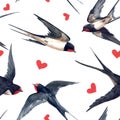 Watercolor swallow vector pattern