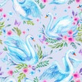 Watercolor swan lake seamless pattern. Beautiful birds with flowers, leaves, berries, butterfly on white background Royalty Free Stock Photo