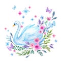 Watercolor swan lake seamless pattern. Beautiful birds with flowers, leaves, berries on white background