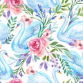 Watercolor swan lake seamless pattern. Beautiful birds with flowers, leaves, berries on white background