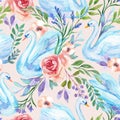 Watercolor swan lake seamless pattern. Beautiful birds with flowers, leaves, berries on white background