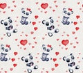 Watercolor sweat plush pandas pattern. Watercolor paper texture on the background. Valentines pattern