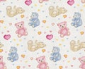 Watercolor sweat three plush teddy bear pattern. Watercolor paper texture on the background. Royalty Free Stock Photo