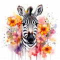 Watercolor Sweet Baby Zebra in Colorful Flower Field Animal Art, Nursery Decor