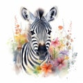 Watercolor Sweet Baby Zebra in Colorful Flower Field Animal Art, Nursery Decor