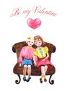 Watercolor sweet couple sitting on a bench. Kids in love for Valentine`s day