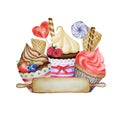 Watercolor Sweet deserts with Cream and biscuit, waffle, cake, cupcake, berries. Hand drawn delicious food illustration