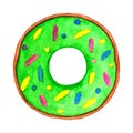 Watercolor sweet donut with green glaze and colored sprinkles Royalty Free Stock Photo