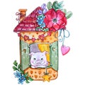 Watercolor Sweet home piggy illustration