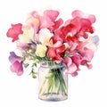 Watercolor Sweet Pea Bouquet: Vibrant Floral Illustration In Glass Vase Royalty Free Stock Photo