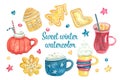 Watercolor sweet set with Christmas drinks and gingerbread. Royalty Free Stock Photo