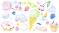 Watercolor sweet set in pastel colors with ice cream, donut, cake, berries Royalty Free Stock Photo