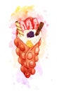 Watercolor sweet strawberry bubble waffle with cream and fresh fruits with paint splashes