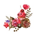 Watercolor sweets. Candies,chocolate, macaroon Bouquet of sweets and flowers