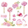 Watercolor sweets collection. Hand drawn watercolor cakes illustrations. Wedding cake, cake with berries, pink cup Royalty Free Stock Photo