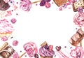 Watercolor sweets collection. Watercolor teamplate of a compositions of sweets, cakes and envelope. Valentine`s Day