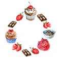 Watercolor sweets label. Card background with hand drawn food objects: cupcakes, chocolate, berry. Party time frame