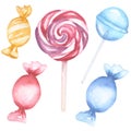 Watercolor sweets, lollipops dessert set illustration. Hand painted candy in red, blue and yellow colors Royalty Free Stock Photo