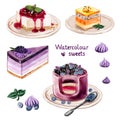 Watercolor sweets set. Vector hand drawn objects isolated on white background: Jam, fruit, berry, cakes, chocolate