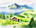 Watercolor of swiss alpine village technology