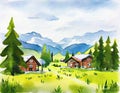 Watercolor of swiss alpine village technology