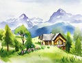 Watercolor of swiss alpine village technology