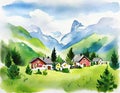 Watercolor of swiss alpine village technology