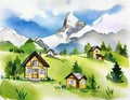 Watercolor of swiss alpine village technology