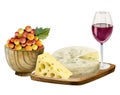 Watercolor Swiss cheese, camembert, mould cheese with grapes in bow, red wine glass illustration. Hand drawn appatizer