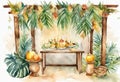 Watercolor Symbols Jewish holiday Sukkot with palm leaves and sukkah with decor. Royalty Free Stock Photo