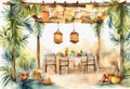 Watercolor Symbols Jewish holiday Sukkot with palm leaves and sukkah with decor. Royalty Free Stock Photo