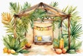 Watercolor Symbols Jewish holiday Sukkot with palm leaves and sukkah with decor. Royalty Free Stock Photo