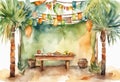 Watercolor Symbols Jewish holiday Sukkot with palm leaves and sukkah with decor. Royalty Free Stock Photo