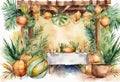 Watercolor Symbols Jewish holiday Sukkot with palm leaves and sukkah with decor. Royalty Free Stock Photo