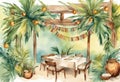 Watercolor Symbols Jewish holiday Sukkot with palm leaves and sukkah with decor. Royalty Free Stock Photo