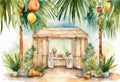 Watercolor Symbols Jewish holiday Sukkot with palm leaves and sukkah with decor. Royalty Free Stock Photo