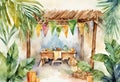 Watercolor Symbols Jewish holiday Sukkot with palm leaves and sukkah with decor. Royalty Free Stock Photo