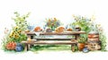 Watercolor Table Set For Garden: Celebration Of Rural Life