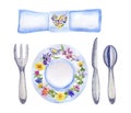 Watercolor table setting with flowers on white